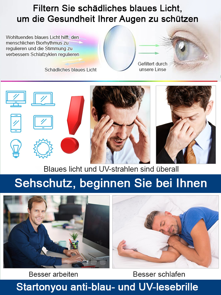 Automatische Zoom-Brille mit Anti-Blaulicht-Effekt, kann 99,9 % des blauen Lichts blockieren, -7 bis +7 passt sich automatisch Ihren Sehbedürfnissen an, lebenslange kostenlose Garantie