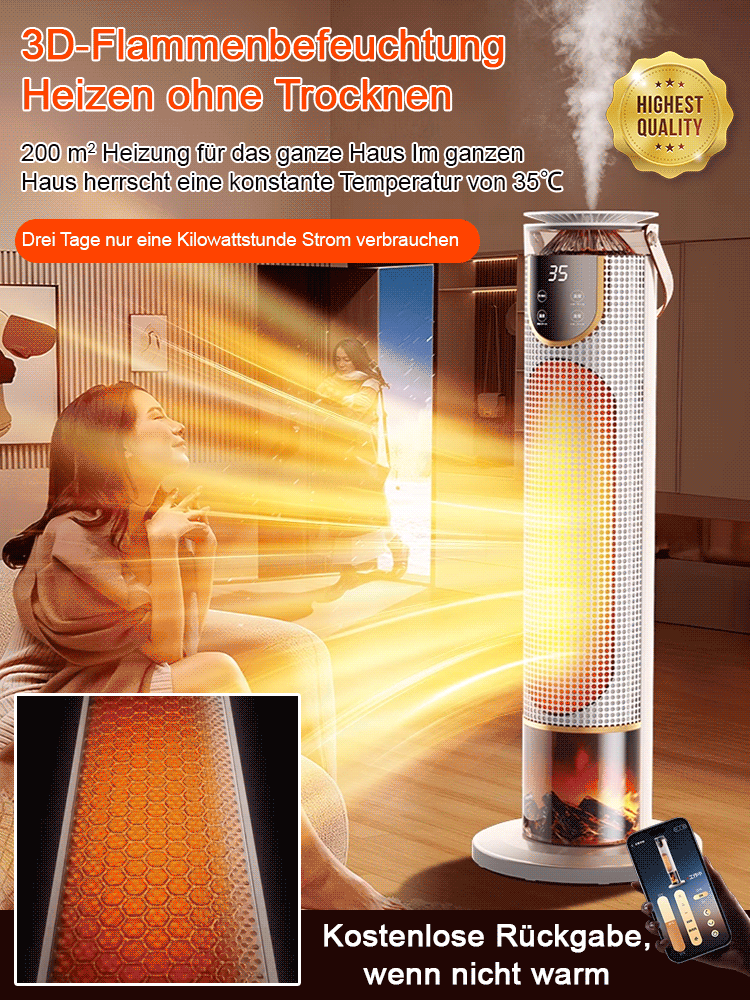 Energieverbrauch von 1 kWh in 7 Tagen: schnelles Aufheizen in 3 Sekunden, Kaminsimulation