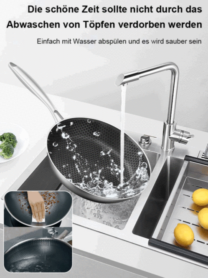 Edelstahl-Bratpfanne aus den USA importiert, aus hochreinem natürlichem Edelstahl mit Wabenstruktur, 100.000 Mal handgeschmiedet, um eine natürliche Antihaft-Oberfläche zu erreichen, keine chemische Beschichtung, sicherer
