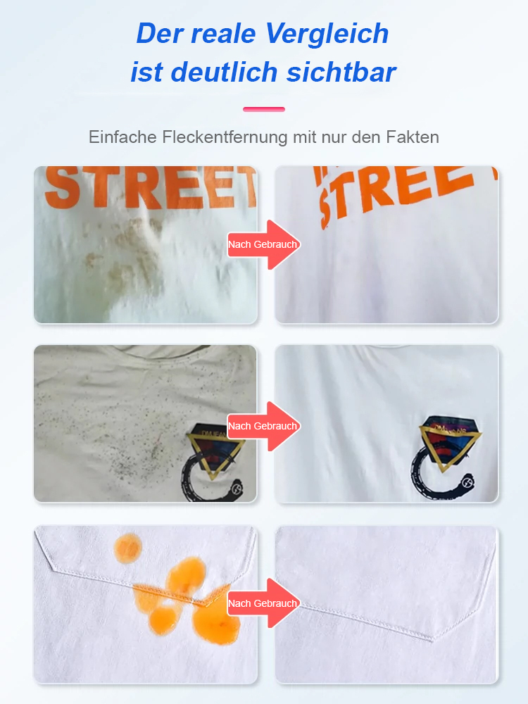 In nur 30 Sekunden werden 99,9% der hartnäckigen Flecken entfernt, ohne die Hände zu verletzen oder Kleidung zu beschädigen. 🧼✨