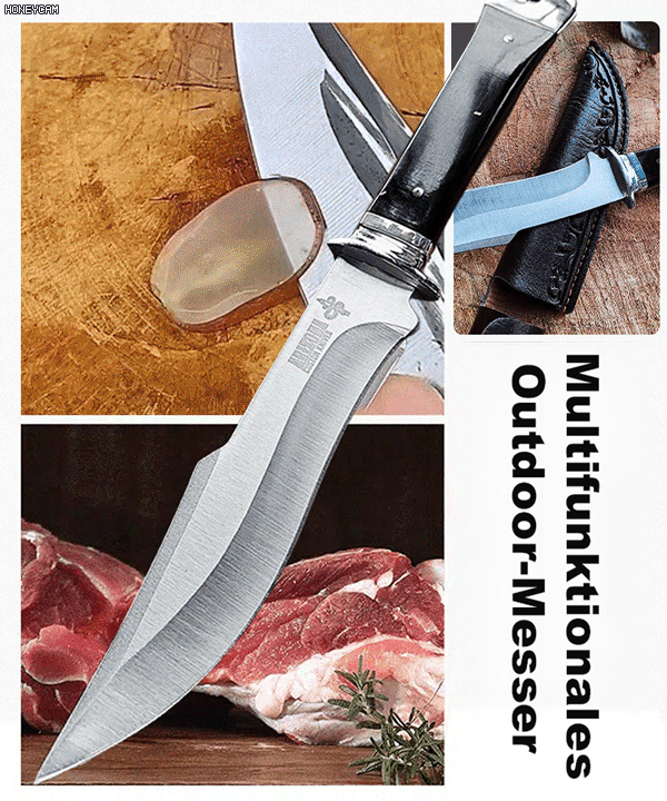 Das Outdoormesser wird in der Meisterwerkstatt in Solingen handgeschmiedet. Es verbiegt sich auch nach 100.000 Hieben nicht und bleibt scharf.