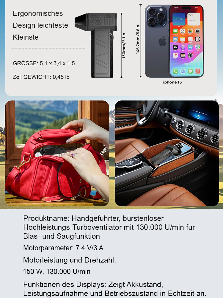 Handgehaltenes bürstenloses 130.000 U/min Turbo-Gebläse mit Saug- und Blasfunktion