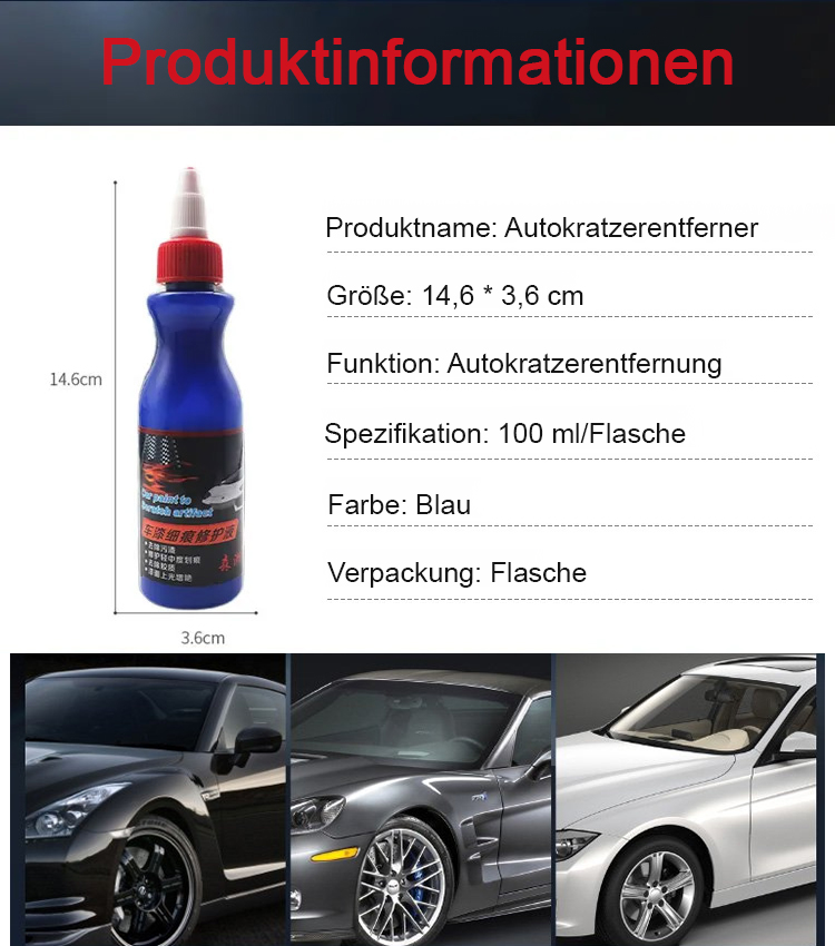 Die fortschrittlichste Nanotechnologie in den USA, zertifiziert vom Deutschen Automobilclub (DAAD), unabhängig von der Farbe oder dem Modell Ihres Autos oder der Tiefe des Kratzers, dauert nur drei Sekunden und ein paar einfache Wischbewegungen, und der K