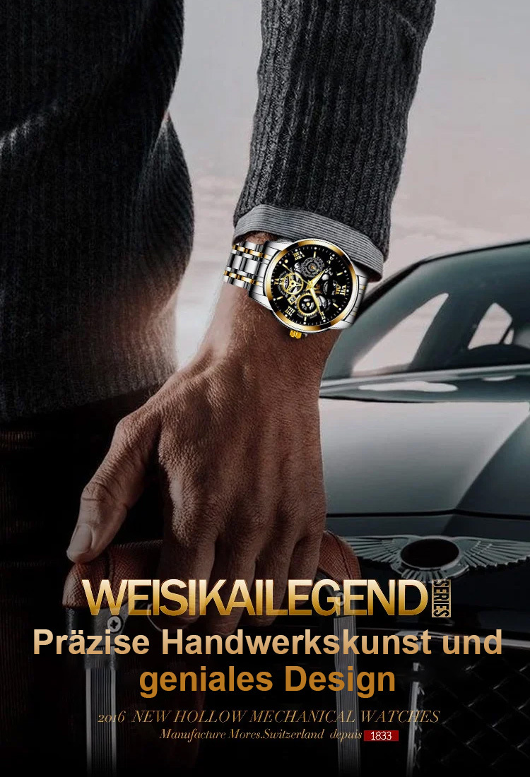 "Hochwertiges Schweizer Uhrwerk und Saphirglas-Mechanikuhr, ein Symbol männlicher Eleganz. Frauen werden begeistert auf Sie zukommen. ⌚💎✨"