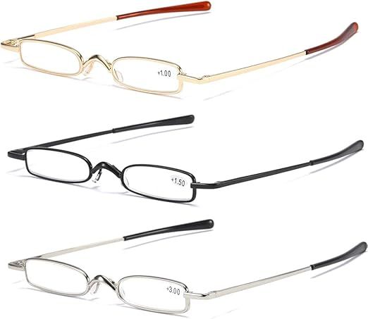 MMOWW3er-Pack Mini Metall Lesebrillen Damen Herren Federscharnier Klassische Klein Schmal Leicht Lesehilfe Sehhilfe Brillen mit Etui (Schwarz+Golden+Silber,+2.5)