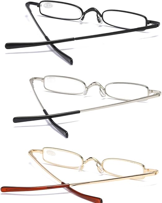 MMOWW3er-Pack Mini Metall Lesebrillen Damen Herren Federscharnier Klassische Klein Schmal Leicht Lesehilfe Sehhilfe Brillen mit Etui (Schwarz+Golden+Silber,+2.5)