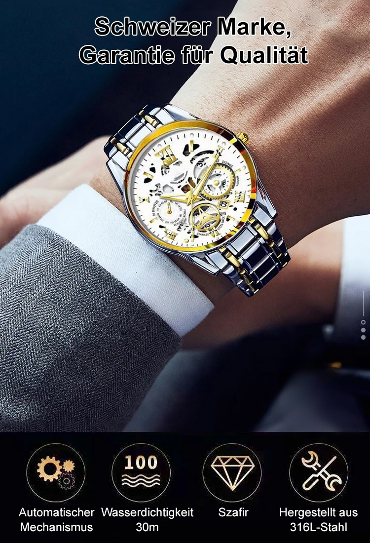 "Hochwertiges Schweizer Uhrwerk und Saphirglas-Mechanikuhr, ein Symbol männlicher Eleganz. Frauen werden begeistert auf Sie zukommen. ⌚💎✨"