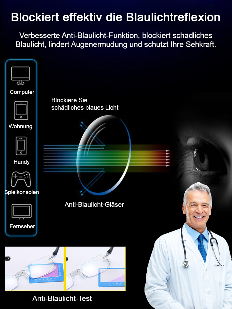 HD-Gleitsichtgläser mit optischem Autofokus und Blaufilter, TÜV-zertifiziert, blockieren 99,9 % des blauen Lichts, Zoombereich von 100 bis 700 Grad. Genießen Sie klare Sicht im Nah- und Fernbereich