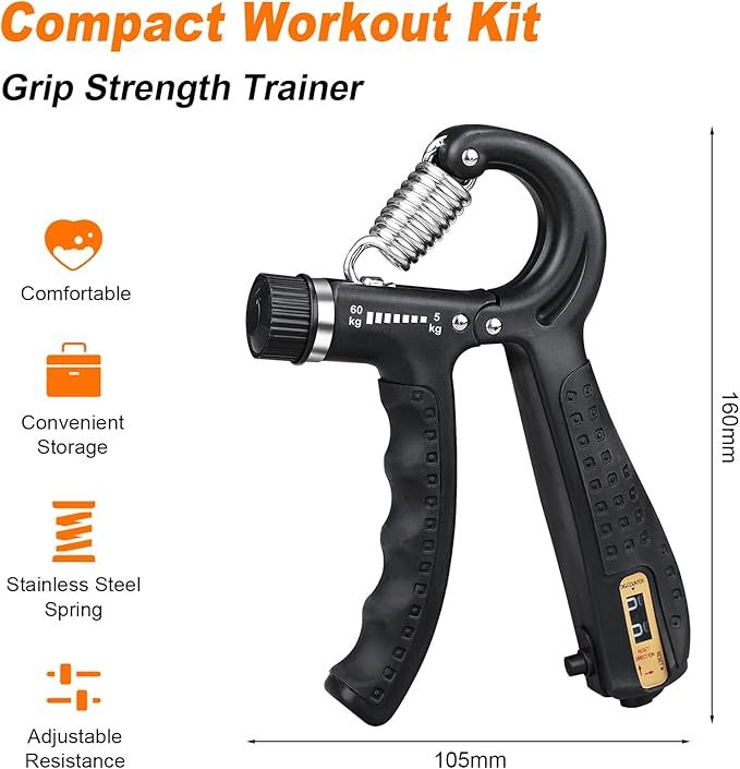 GRIFEMA Handtrainer, Unterarmtrainer mit Integrierter Zählfunktion, Einstellbarer Widerstand 5-60kg, Grip Griffkraft Trainer, Unterarm Trainingsgerät, Rutschfester Griff, Schwarz