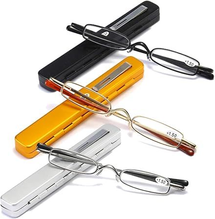 MMOWW3er-Pack Mini Metall Lesebrillen Damen Herren Federscharnier Klassische Klein Schmal Leicht Lesehilfe Sehhilfe Brillen mit Etui (Schwarz+Golden+Silber,+2.5)