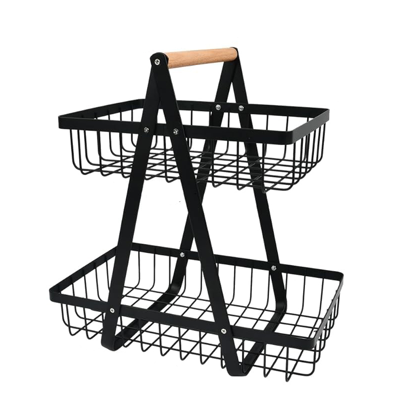 2 Stockig Obstschale Etagere mit Holzgriff, Obstkorb Etagere Obst Etagere 2 Stöckig mit Schraubendreher, Metall Schwarz Obstschalen mit Griff für Obst, Snacks zu Hause, Gemüse, Küche, Büro