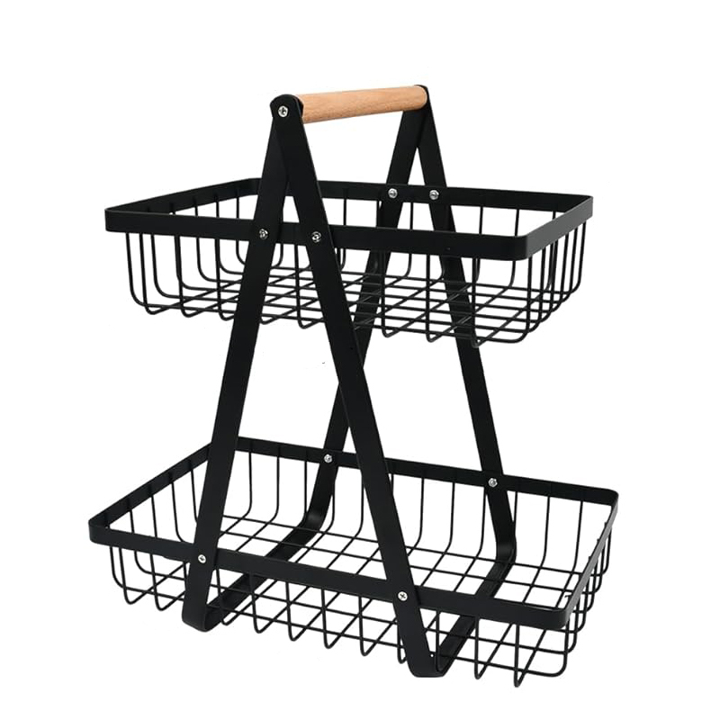 2 Stockig Obstschale Etagere mit Holzgriff, Obstkorb Etagere Obst Etagere 2 Stöckig mit Schraubendreher, Metall Schwarz Obstschalen mit Griff für Obst, Snacks zu Hause, Gemüse, Küche, Büro