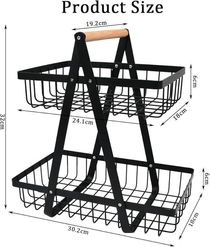 YOPEUC 2 Stockig Obstschale Etagere mit Holzgriff, Obstkorb Etagere Obst Etagere 2 Stöckig mit Schraubendreher, Metall Schwarz Obstschalen mit Griff für Obst, Snacks zu Hause, Gemüse, Küche, Büro