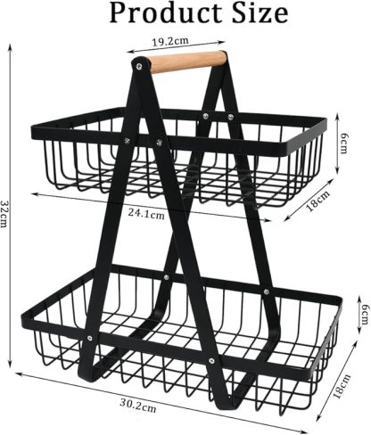 YOPEUC 2 Stockig Obstschale Etagere mit Holzgriff, Obstkorb Etagere Obst Etagere 2 Stöckig mit Schraubendreher, Metall Schwarz Obstschalen mit Griff für Obst, Snacks zu Hause, Gemüse, Küche, Büro