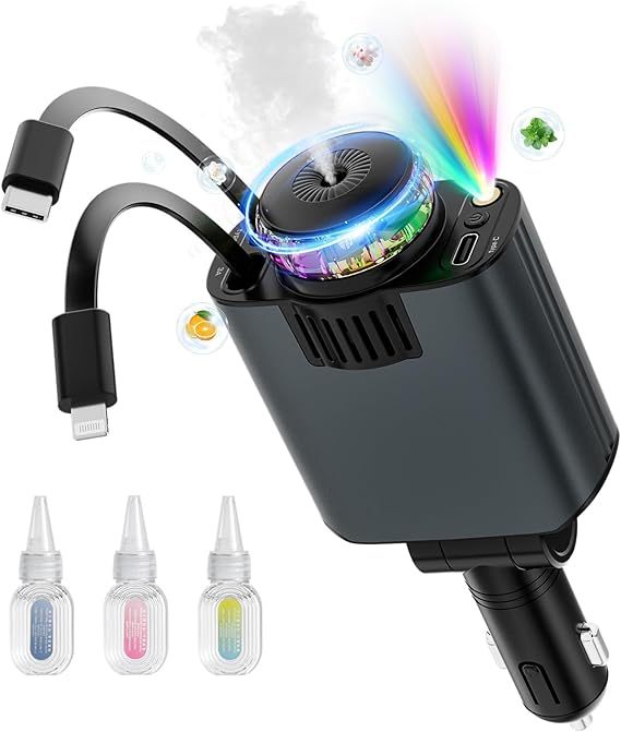 Ofottofo Zigarettenanzünder USB C mit Ambientelicht und Aromafunktion, 5 in 1 Einziehbares Auto Ladegerät Adapter 66W Handy Schnelles Autoladegerät Kompatibel mit iPhone 16 15 14 Pro Max Android, Grau