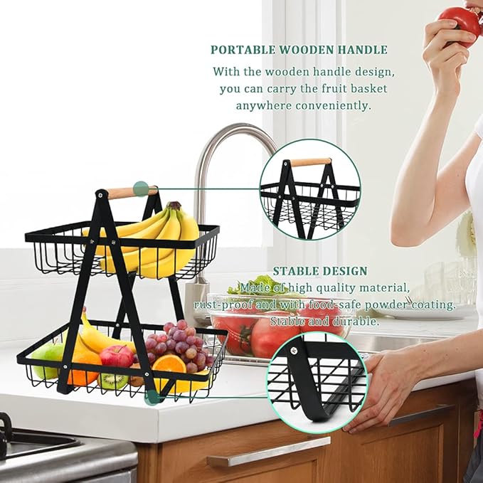 YOPEUC 2 Stockig Obstschale Etagere mit Holzgriff, Obstkorb Etagere Obst Etagere 2 Stöckig mit Schraubendreher, Metall Schwarz Obstschalen mit Griff für Obst, Snacks zu Hause, Gemüse, Küche, Büro