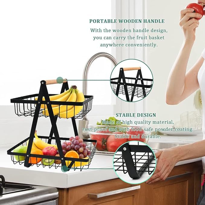 YOPEUC 2 Stockig Obstschale Etagere mit Holzgriff, Obstkorb Etagere Obst Etagere 2 Stöckig mit Schraubendreher, Metall Schwarz Obstschalen mit Griff für Obst, Snacks zu Hause, Gemüse, Küche, Büro