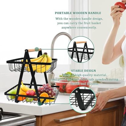 YOPEUC 2 Stockig Obstschale Etagere mit Holzgriff, Obstkorb Etagere Obst Etagere 2 Stöckig mit Schraubendreher, Metall Schwarz Obstschalen mit Griff für Obst, Snacks zu Hause, Gemüse, Küche, Büro