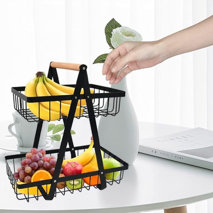 YOPEUC 2 Stockig Obstschale Etagere mit Holzgriff, Obstkorb Etagere Obst Etagere 2 Stöckig mit Schraubendreher, Metall Schwarz Obstschalen mit Griff für Obst, Snacks zu Hause, Gemüse, Küche, Büro