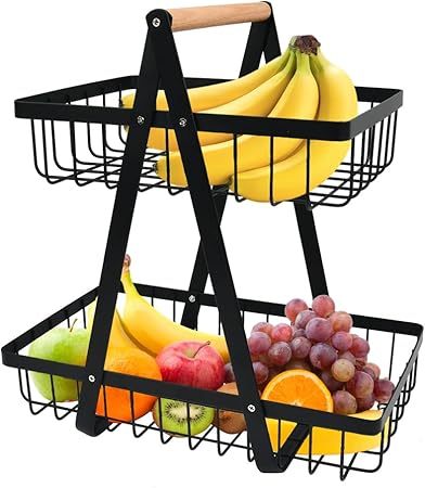 YOPEUC 2 Stockig Obstschale Etagere mit Holzgriff, Obstkorb Etagere Obst Etagere 2 Stöckig mit Schraubendreher, Metall Schwarz Obstschalen mit Griff für Obst, Snacks zu Hause, Gemüse, Küche, Büro