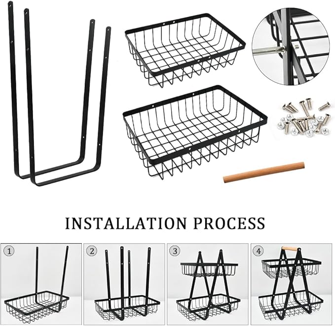 YOPEUC 2 Stockig Obstschale Etagere mit Holzgriff, Obstkorb Etagere Obst Etagere 2 Stöckig mit Schraubendreher, Metall Schwarz Obstschalen mit Griff für Obst, Snacks zu Hause, Gemüse, Küche, Büro