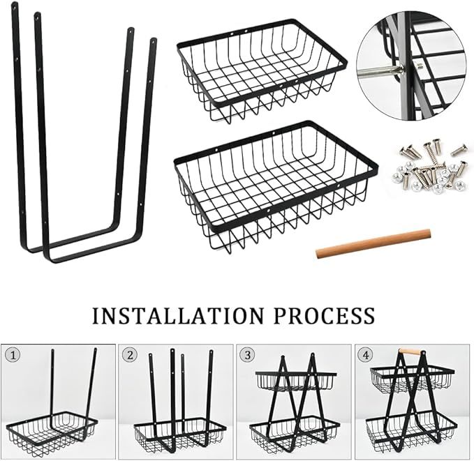 YOPEUC 2 Stockig Obstschale Etagere mit Holzgriff, Obstkorb Etagere Obst Etagere 2 Stöckig mit Schraubendreher, Metall Schwarz Obstschalen mit Griff für Obst, Snacks zu Hause, Gemüse, Küche, Büro