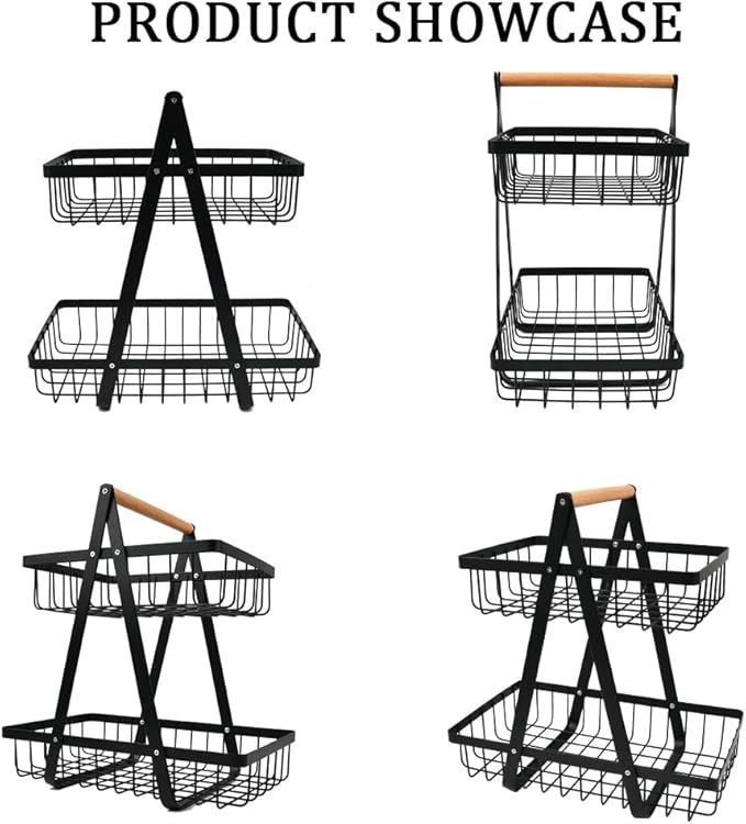 YOPEUC 2 Stockig Obstschale Etagere mit Holzgriff, Obstkorb Etagere Obst Etagere 2 Stöckig mit Schraubendreher, Metall Schwarz Obstschalen mit Griff für Obst, Snacks zu Hause, Gemüse, Küche, Büro