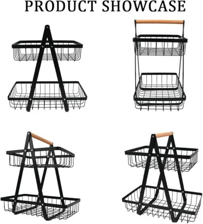 YOPEUC 2 Stockig Obstschale Etagere mit Holzgriff, Obstkorb Etagere Obst Etagere 2 Stöckig mit Schraubendreher, Metall Schwarz Obstschalen mit Griff für Obst, Snacks zu Hause, Gemüse, Küche, Büro