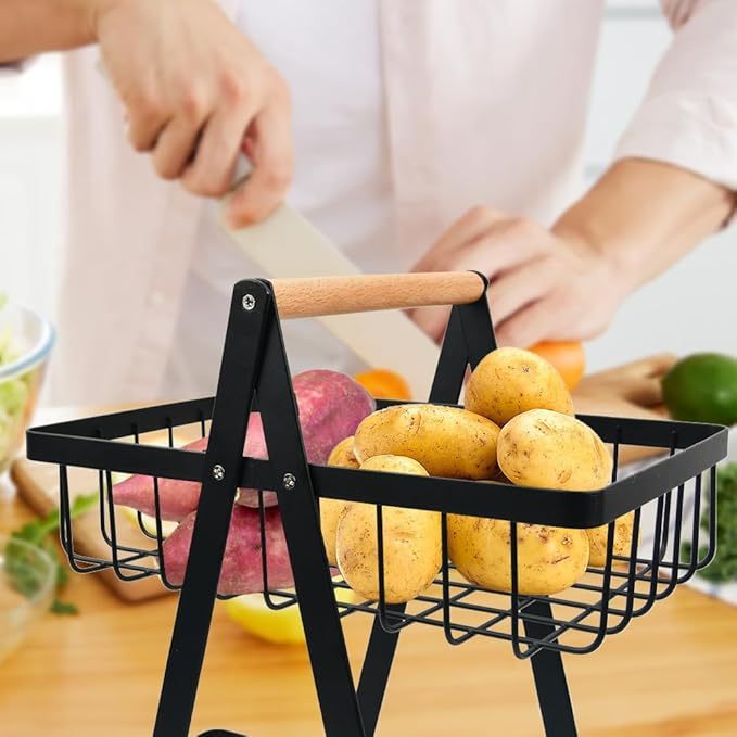 YOPEUC 2 Stockig Obstschale Etagere mit Holzgriff, Obstkorb Etagere Obst Etagere 2 Stöckig mit Schraubendreher, Metall Schwarz Obstschalen mit Griff für Obst, Snacks zu Hause, Gemüse, Küche, Büro