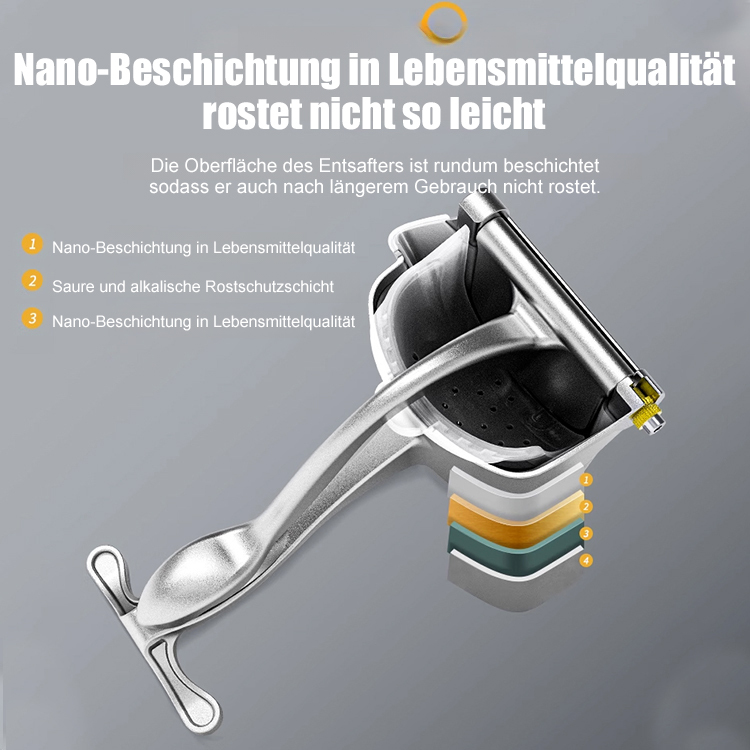 Der aus den USA importierte multifunktionale manuelle Entsafter besteht aus lebensmittelechtem 316-Edelstahl und verfügt über eine deutsche TÜV-Sicherheitszertifizierung. Es dauert nur 3 Sekunden, um die gesamte Feuchtigkeit aus dem Fruchtfleisch herauszu