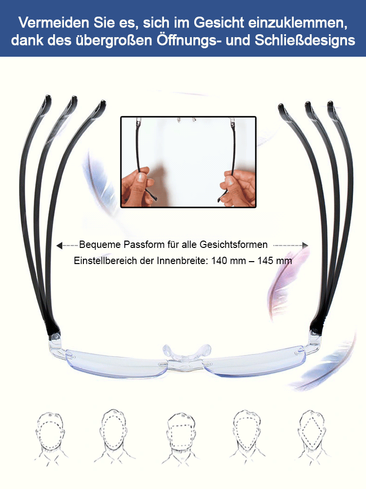 HD-Gleitsichtgläser mit optischem Autofokus und Blaufilter, TÜV-zertifiziert, blockieren 99,9 % des blauen Lichts, Zoombereich von 100 bis 700 Grad. Genießen Sie klare Sicht im Nah- und Fernbereich