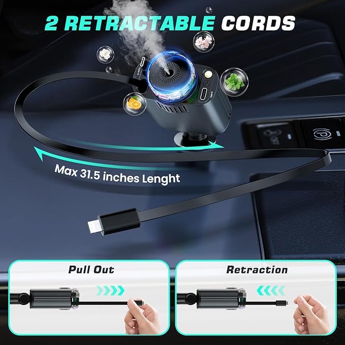 Ofottofo Zigarettenanzünder USB C mit Ambientelicht und Aromafunktion, 5 in 1 Einziehbares Auto Ladegerät Adapter 66W Handy Schnelles Autoladegerät Kompatibel mit iPhone 16 15 14 Pro Max Android, Grau