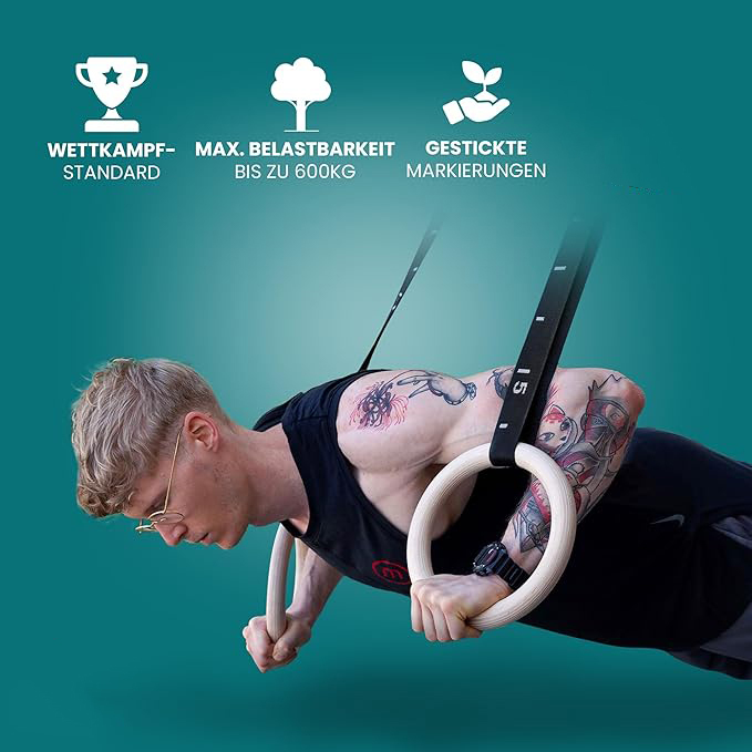 Turnringe Holz Gym Rings + Türanker & Trainings-eBook – Olympische Gymnastik Holzturnringe & Gurte + Markierungen | Turnerringe Gymnastikringe Fitness Ringe Workout Sport | Männer Frauen