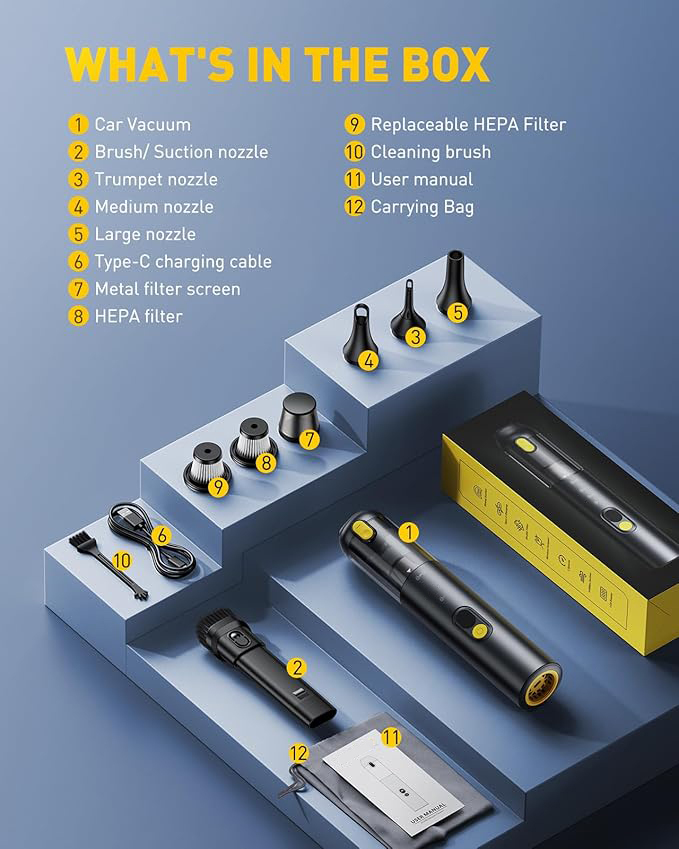 Akku-Autostaubsauger mit hoher Leistung 14000 Pa, Handstaubsauger mit Blas- & Saugfunktion 2 IN 1, 30 Min Laufzeit, USB-C Ladung, Kleiner Staubsauger Handlich für Auto, Haus, Haustiere, Büro