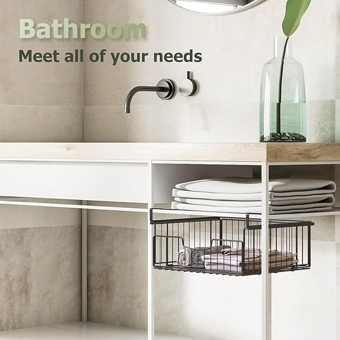 Unterregal Aufbewahrungskorb, 2 Stück Hängekorb Regal aus Metall, Unter Schrank Lagerung Organizer, Hängender Aufbewahrungskörbe für Küche, Speisekammer, Büro, Schreibtisch, Bücherregal (Schwarz)