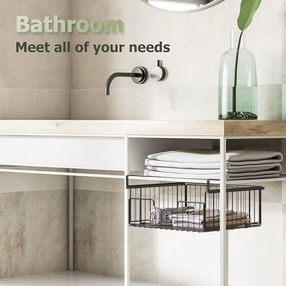 Unterregal Aufbewahrungskorb, 2 Stück Hängekorb Regal aus Metall, Unter Schrank Lagerung Organizer, Hängender Aufbewahrungskörbe für Küche, Speisekammer, Büro, Schreibtisch, Bücherregal (Schwarz)