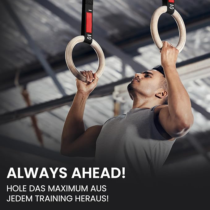 Turnringe Holz Gym Rings + Türanker & Trainings-eBook – Olympische Gymnastik Holzturnringe & Gurte + Markierungen | Turnerringe Gymnastikringe Fitness Ringe Workout Sport | Männer Frauen