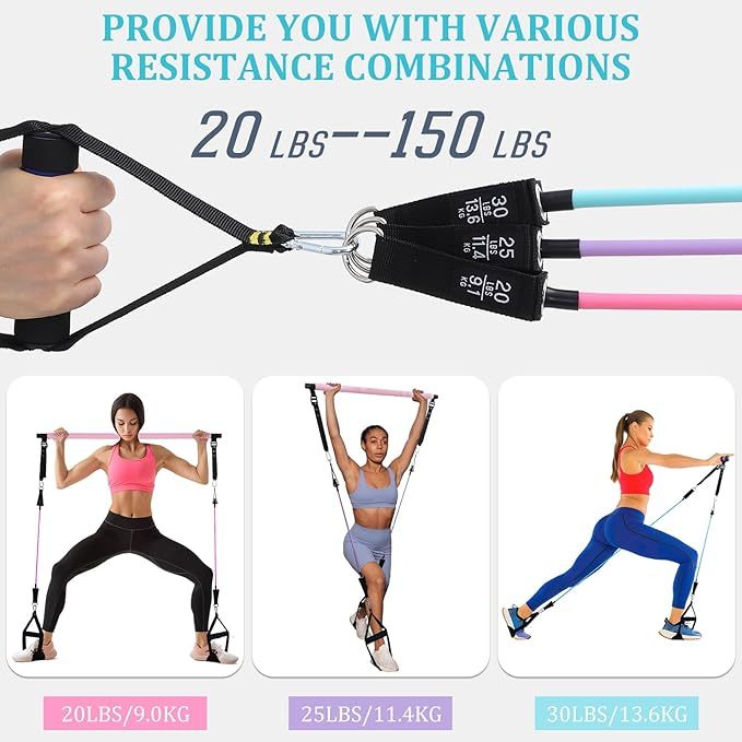 Pilates Bar Set mit 6 Widerstandsbänder, Verstellbare Resistance Bands für Frauen und Mann, Fitnessbänder für Home Gym Yoga, Pilates,Stretch, Krafttraining Fitness