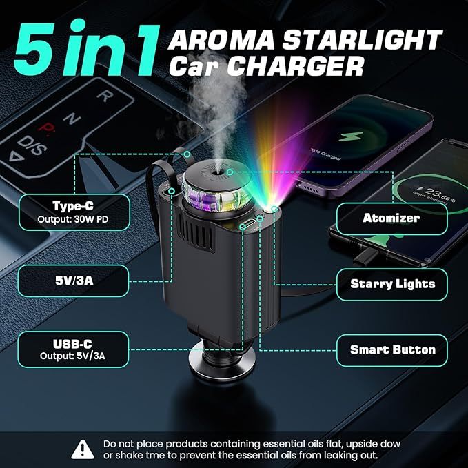 Ofottofo Zigarettenanzünder USB C mit Ambientelicht und Aromafunktion, 5 in 1 Einziehbares Auto Ladegerät Adapter 66W Handy Schnelles Autoladegerät Kompatibel mit iPhone 16 15 14 Pro Max Android, Grau