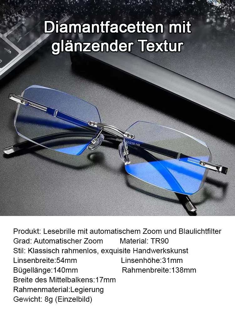 Automatische Zoom-Brille mit Anti-Blaulicht-Effekt, kann 99,9 % des blauen Lichts blockieren, -7 bis +7 passt sich automatisch Ihren Sehbedürfnissen an, lebenslange kostenlose Garantie