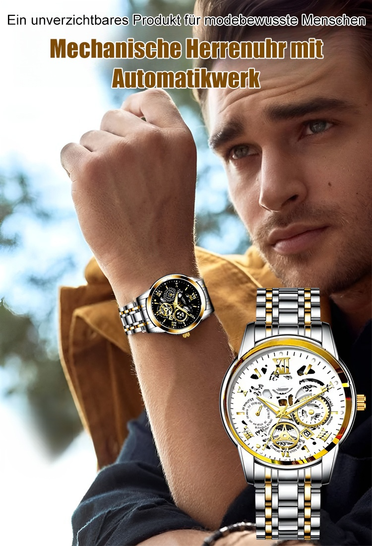 "Hochwertiges Schweizer Uhrwerk und Saphirglas-Mechanikuhr, ein Symbol männlicher Eleganz. Frauen werden begeistert auf Sie zukommen. ⌚💎✨"