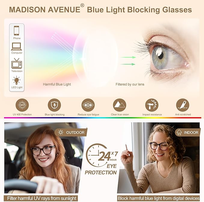 Madison Avenue Blaulichtfilter Brille Damen, Übergroße Computerbrillen zum Spielen, Metallscharnier Blaufilter Brille ohne Sehstärke