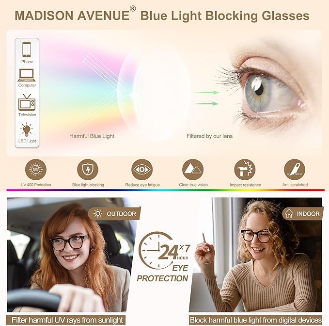 Madison Avenue Blaulichtfilter Brille Damen, Übergroße Computerbrillen zum Spielen, Metallscharnier Blaufilter Brille ohne Sehstärke