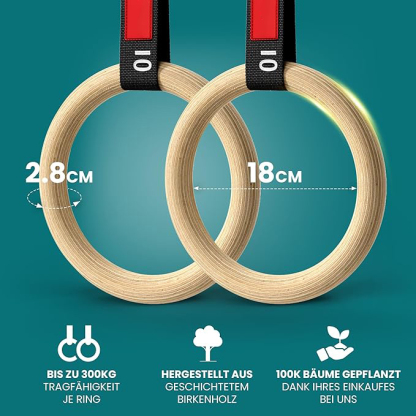 Turnringe Holz Gym Rings + Türanker & Trainings-eBook – Olympische Gymnastik Holzturnringe & Gurte + Markierungen | Turnerringe Gymnastikringe Fitness Ringe Workout Sport | Männer Frauen