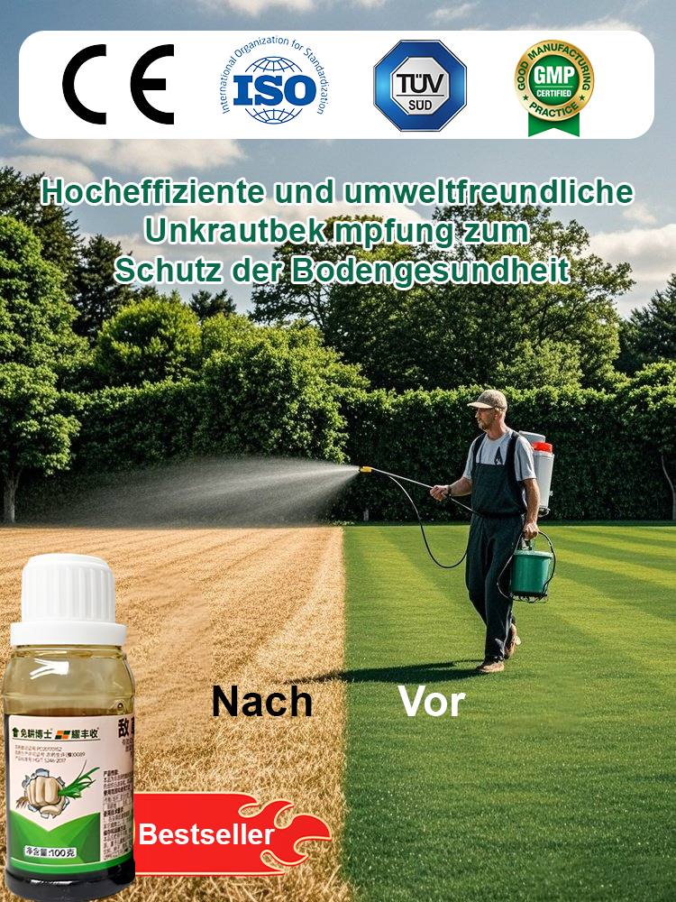 Die Unkrautvernichtungsrate liegt bei bis zu 98 %, das Produkt ist zu 100 % biologisch abbaubar, hat eine EU-CE-Zertifizierung und tötet mehr als 100 resistente Unkräuter ab.