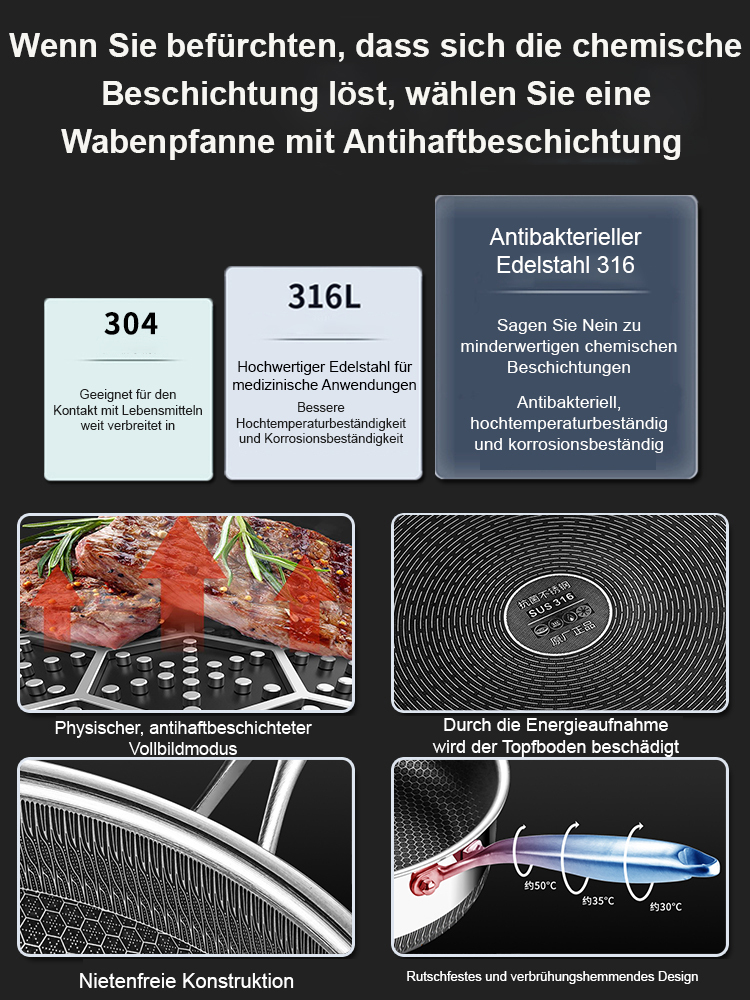 Edelstahl-Bratpfanne aus den USA importiert, aus hochreinem natürlichem Edelstahl mit Wabenstruktur, 100.000 Mal handgeschmiedet, um eine natürliche Antihaft-Oberfläche zu erreichen, keine chemische Beschichtung, sicherer