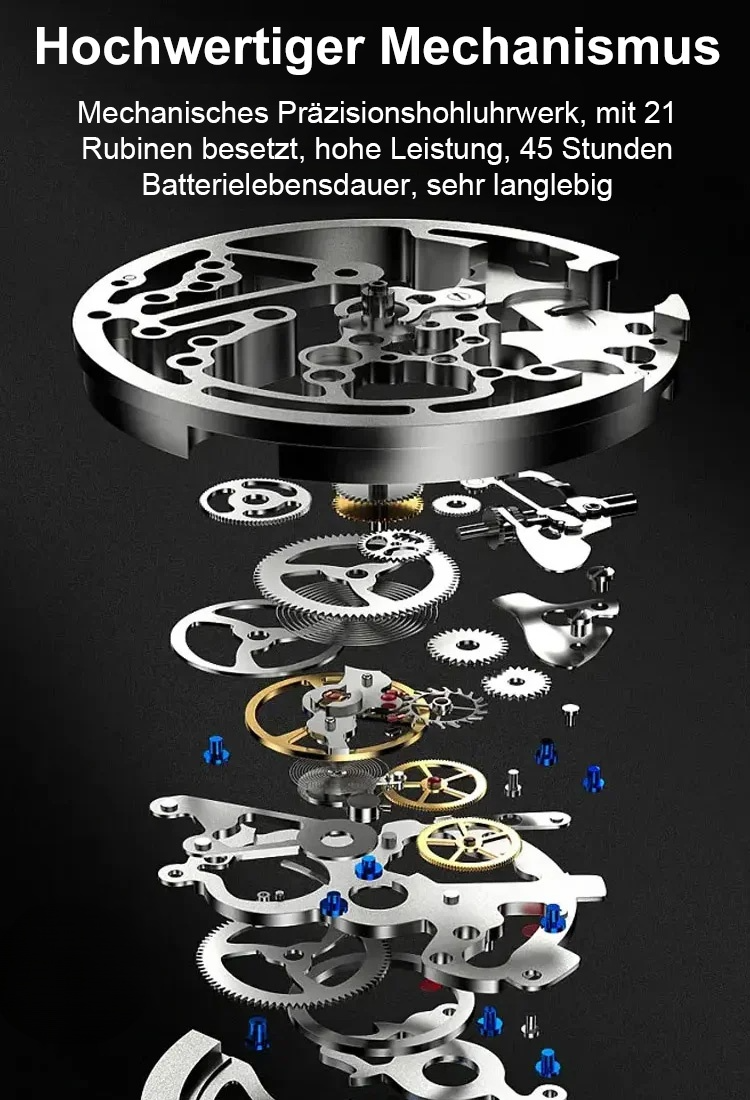 "Hochwertiges Schweizer Uhrwerk und Saphirglas-Mechanikuhr, ein Symbol männlicher Eleganz. Frauen werden begeistert auf Sie zukommen. ⌚💎✨"