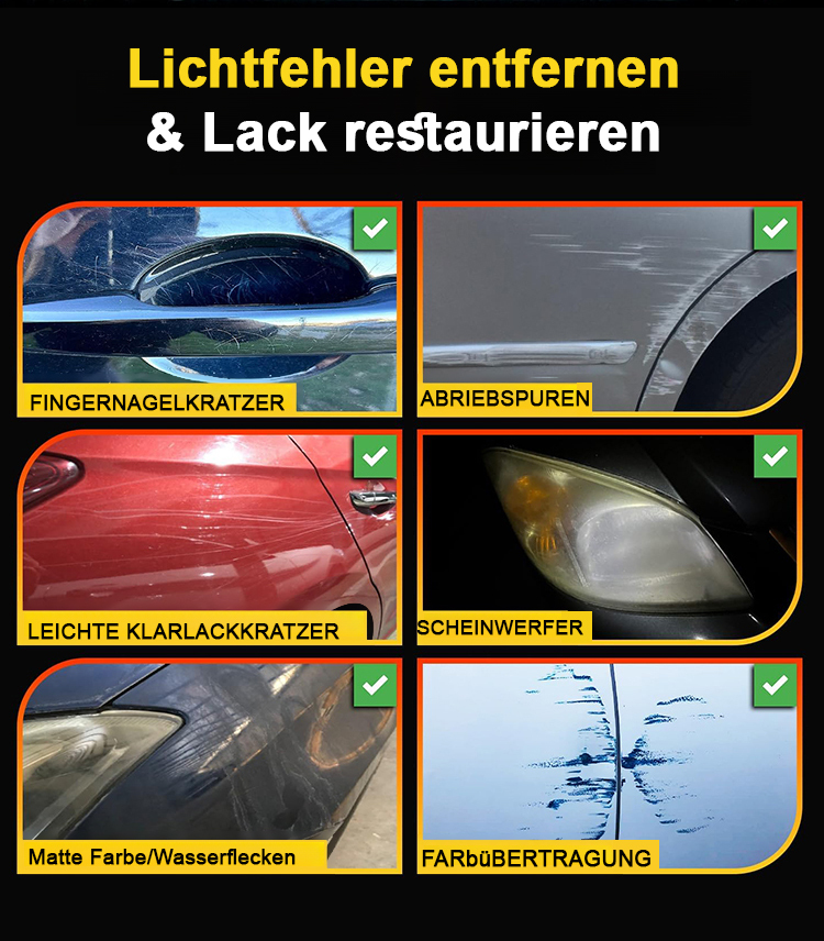 Die fortschrittlichste Nanotechnologie in den USA, zertifiziert vom Deutschen Automobilclub (DAAD), unabhängig von der Farbe oder dem Modell Ihres Autos oder der Tiefe des Kratzers, dauert nur drei Sekunden und ein paar einfache Wischbewegungen, und der K