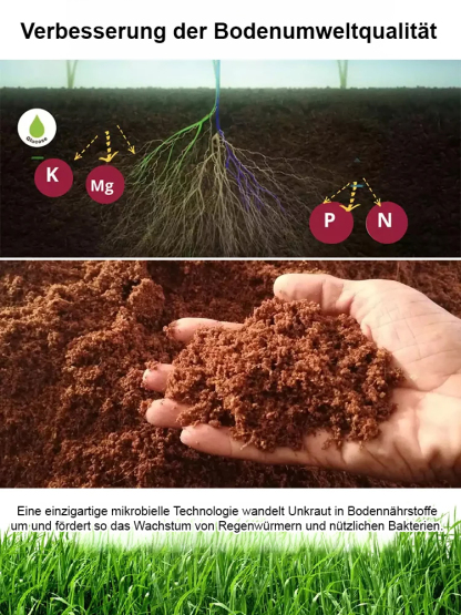 Die Unkrautvernichtungsrate liegt bei bis zu 98 %, das Produkt ist zu 100 % biologisch abbaubar, hat eine EU-CE-Zertifizierung und tötet mehr als 100 resistente Unkräuter ab.