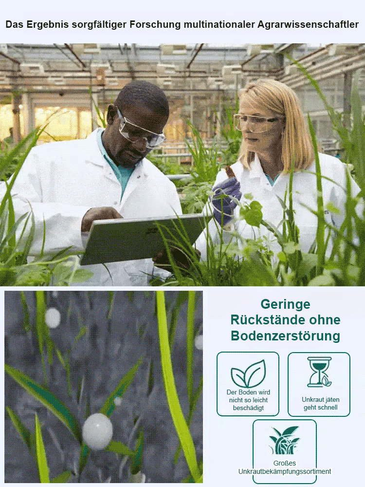 Die Unkrautvernichtungsrate liegt bei bis zu 98 %, das Produkt ist zu 100 % biologisch abbaubar, hat eine EU-CE-Zertifizierung und tötet mehr als 100 resistente Unkräuter ab.